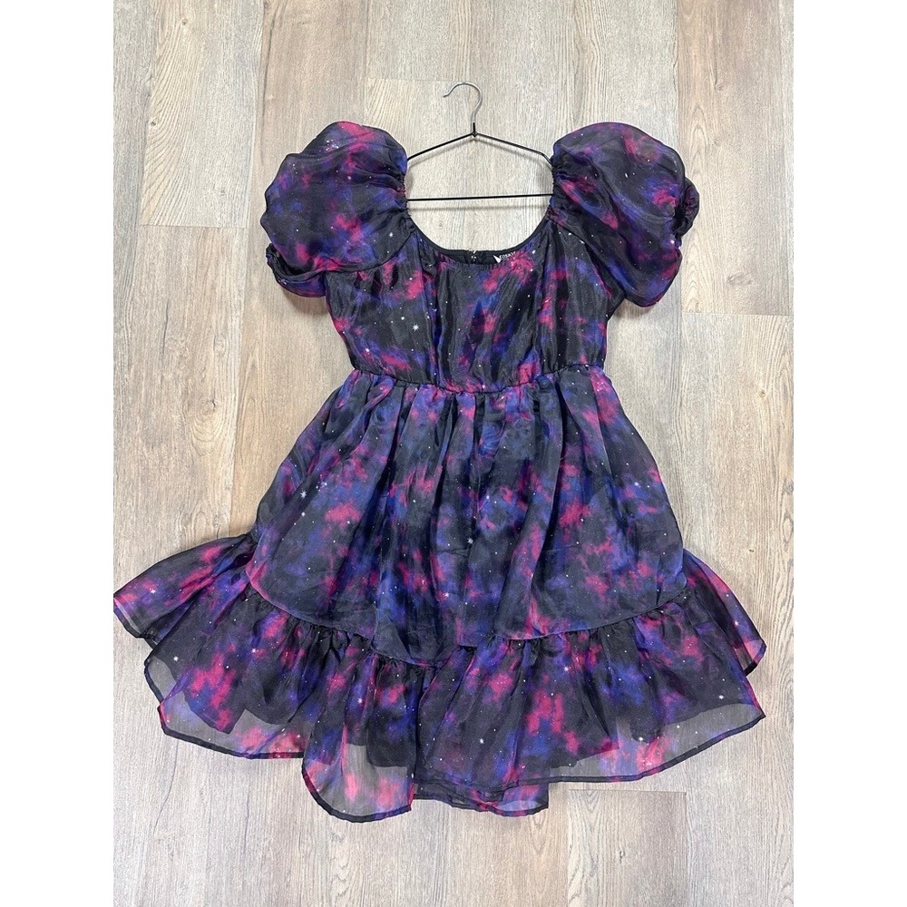 Cosmic Aura Galaxy Nebula Babydoll Dress Puff Sleeve Mini Purple Pink Large